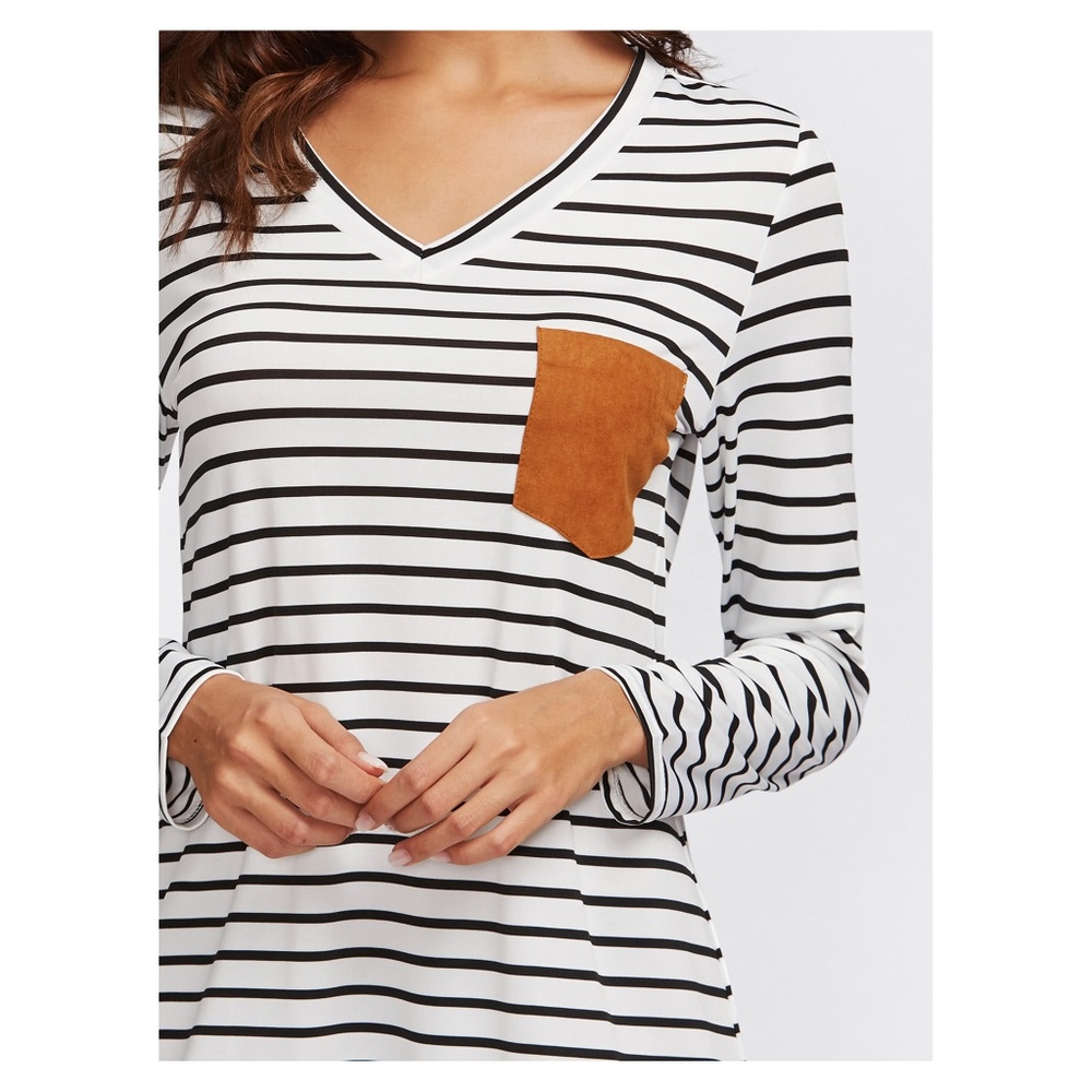 White Black Striped Long Sleeve Curved Tee Dress - Picture 2 of 5